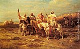 Adolf Schreyer Canvas Paintings - Arab Horsemen by a Watering Hole